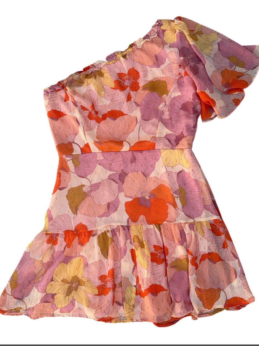 Taylor One-Shoulder Floral Mini Dress in Pink, Orange, Yellow - Picture 2 of 6